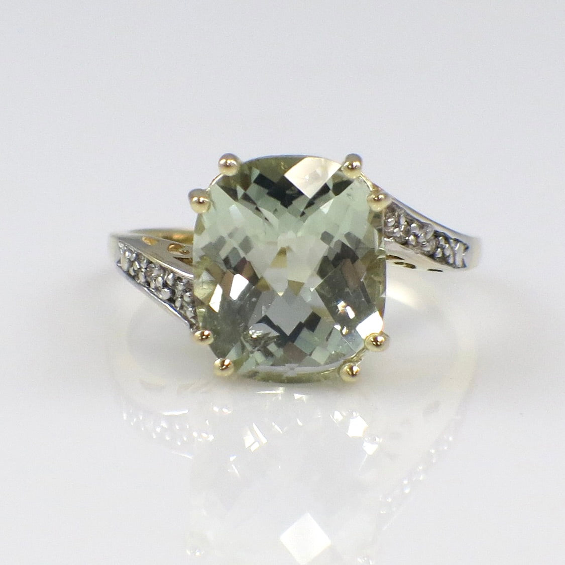 Vintage 14K Gold Prasiolite Quartz Ring with Diamond Accents