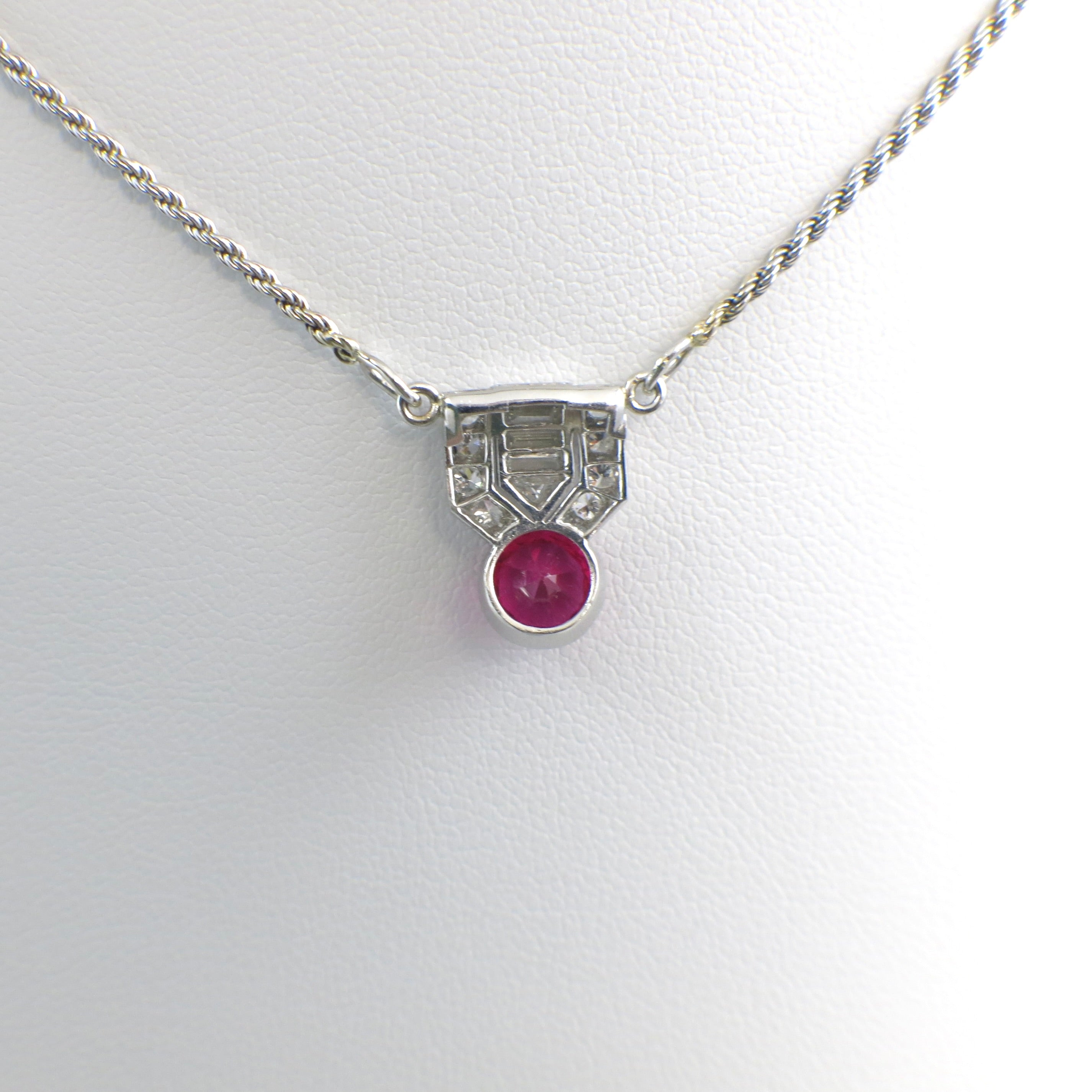 Vintage 1920s style Art Deco 14K white gold diamond and pink glass necklace, 21 inches long, by Black Market LLC