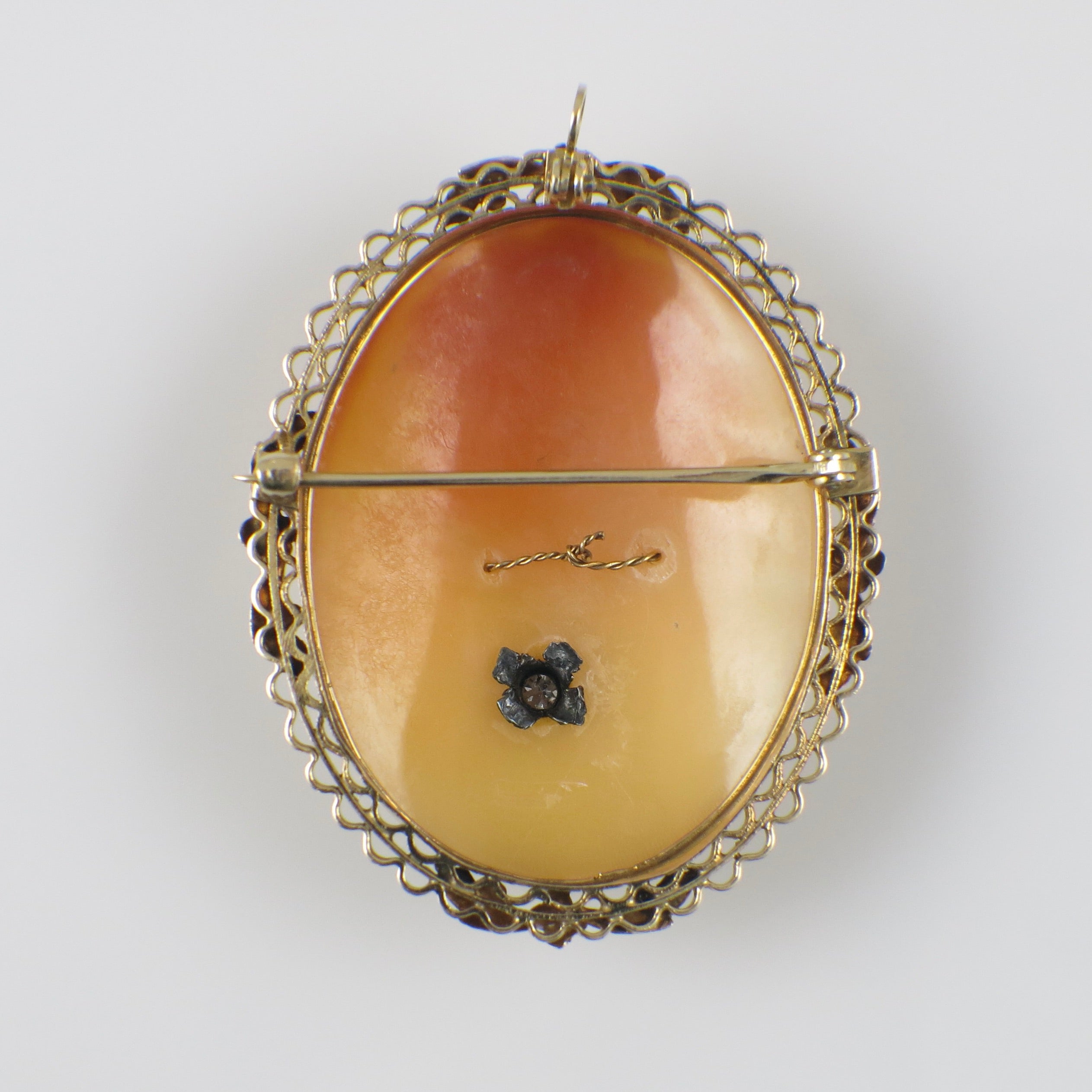 Large Vintage Hand Carved Shell Cameo Brooch Pendant in 14K Gold with Diamond Accent
