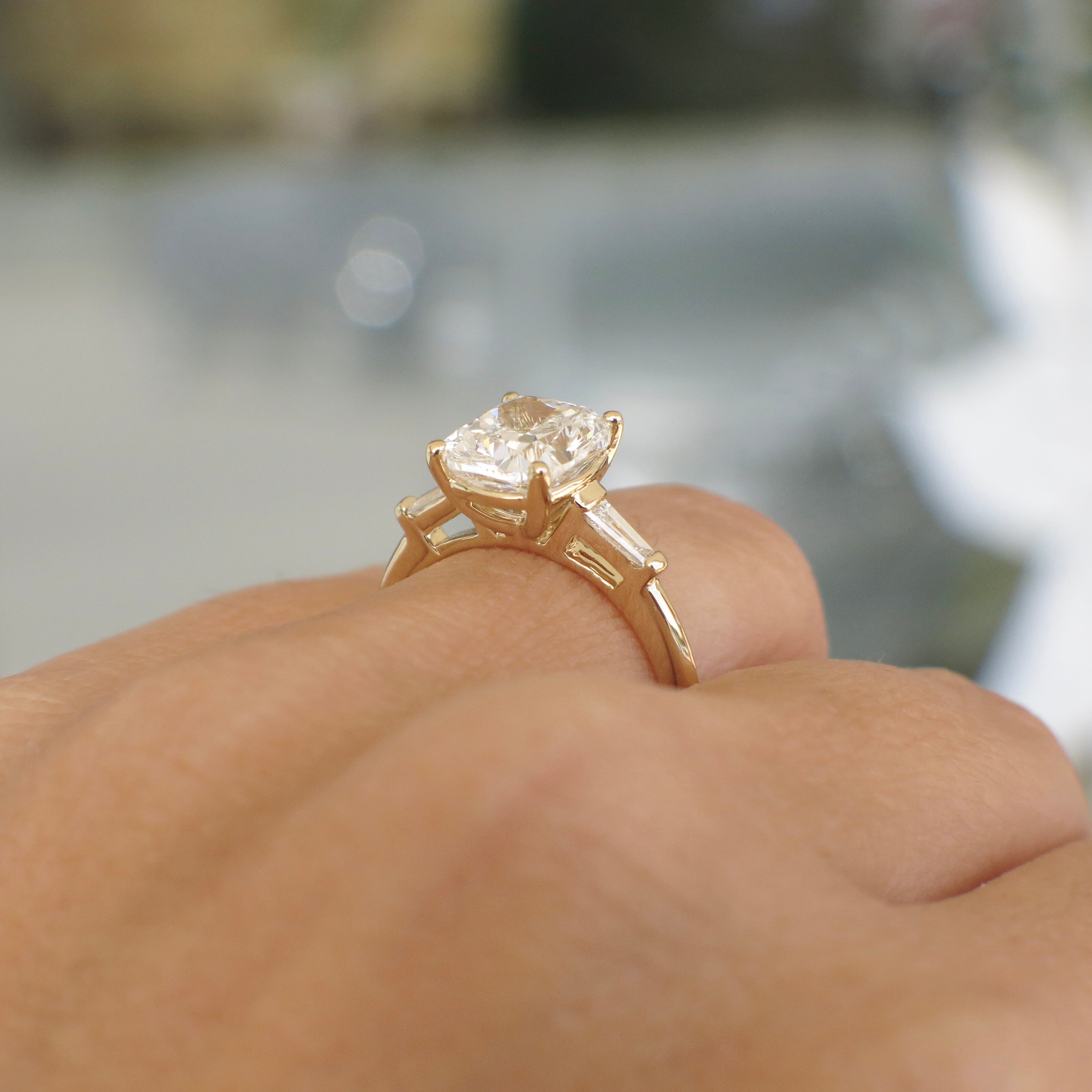Custom 2.90 CTW Lab Grown Elongated Cushion Diamond Three Stone Engagement Ring in 14K Yellow Gold