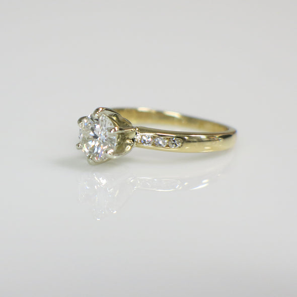 18K Yellow and White Gold Engagement Ring | 0.82CTW Natural Diamond SI2 H | Vintage Single Cut Accents