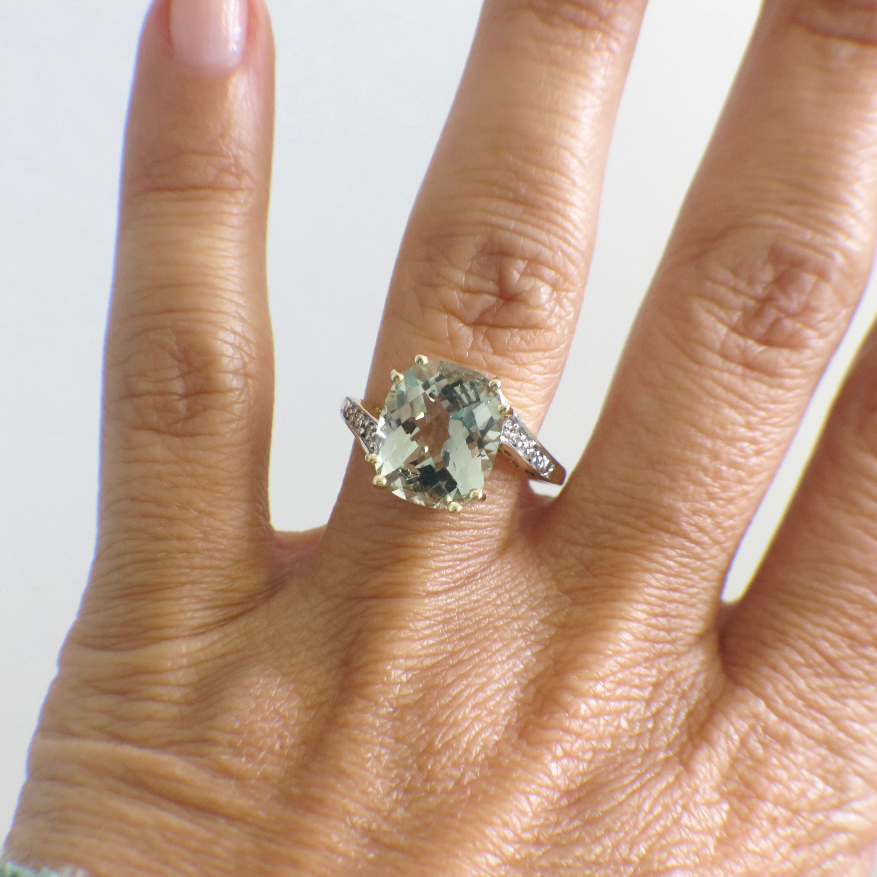 Vintage 14K Gold Prasiolite Quartz Ring with Diamond Accents