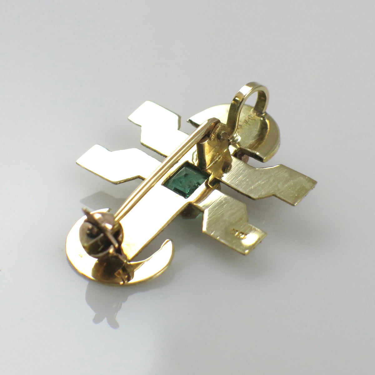 Vintage 18K Emerald Pre-Columbian Revival Brooch Pendant