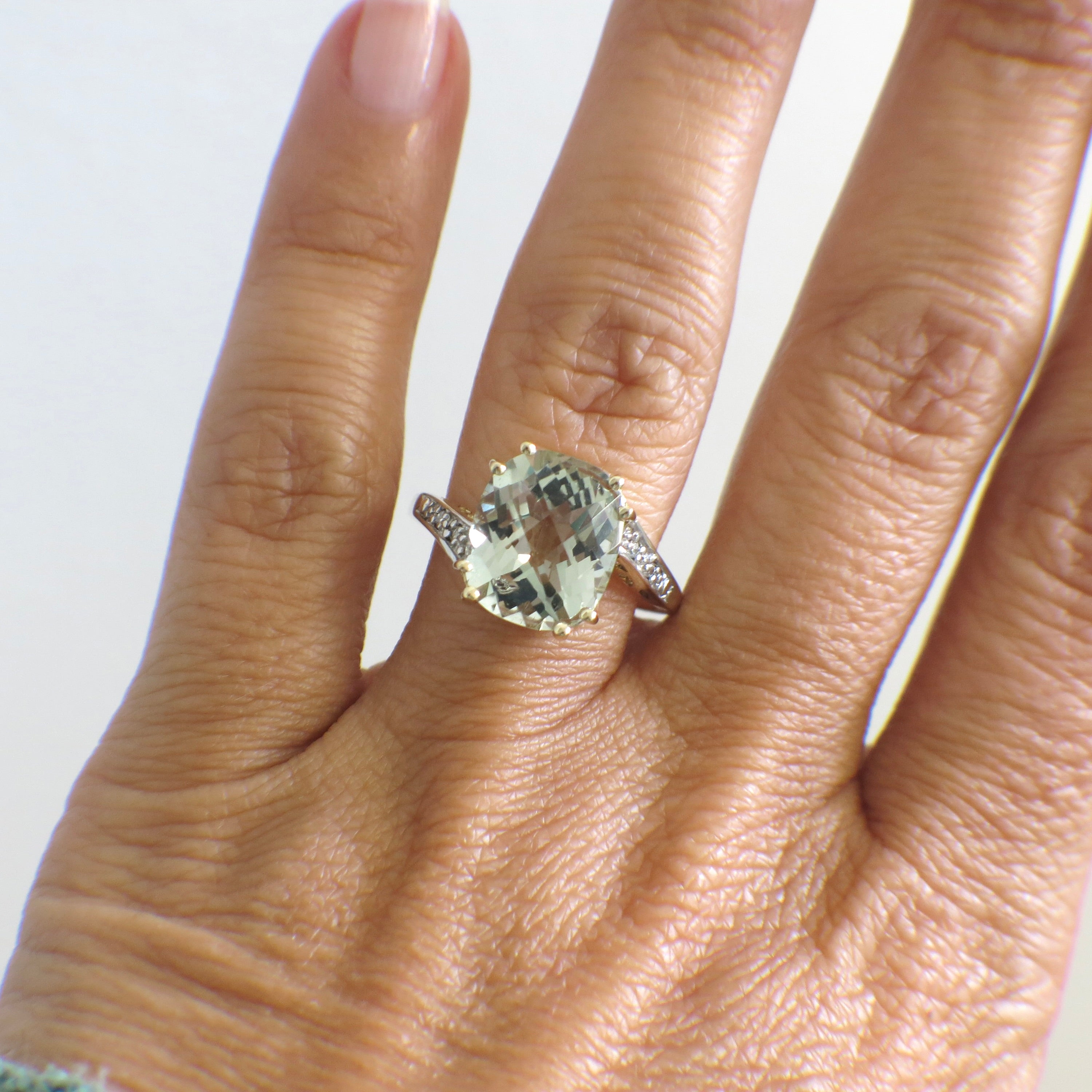 Vintage 14K Gold Prasiolite Quartz Ring with Diamond Accents