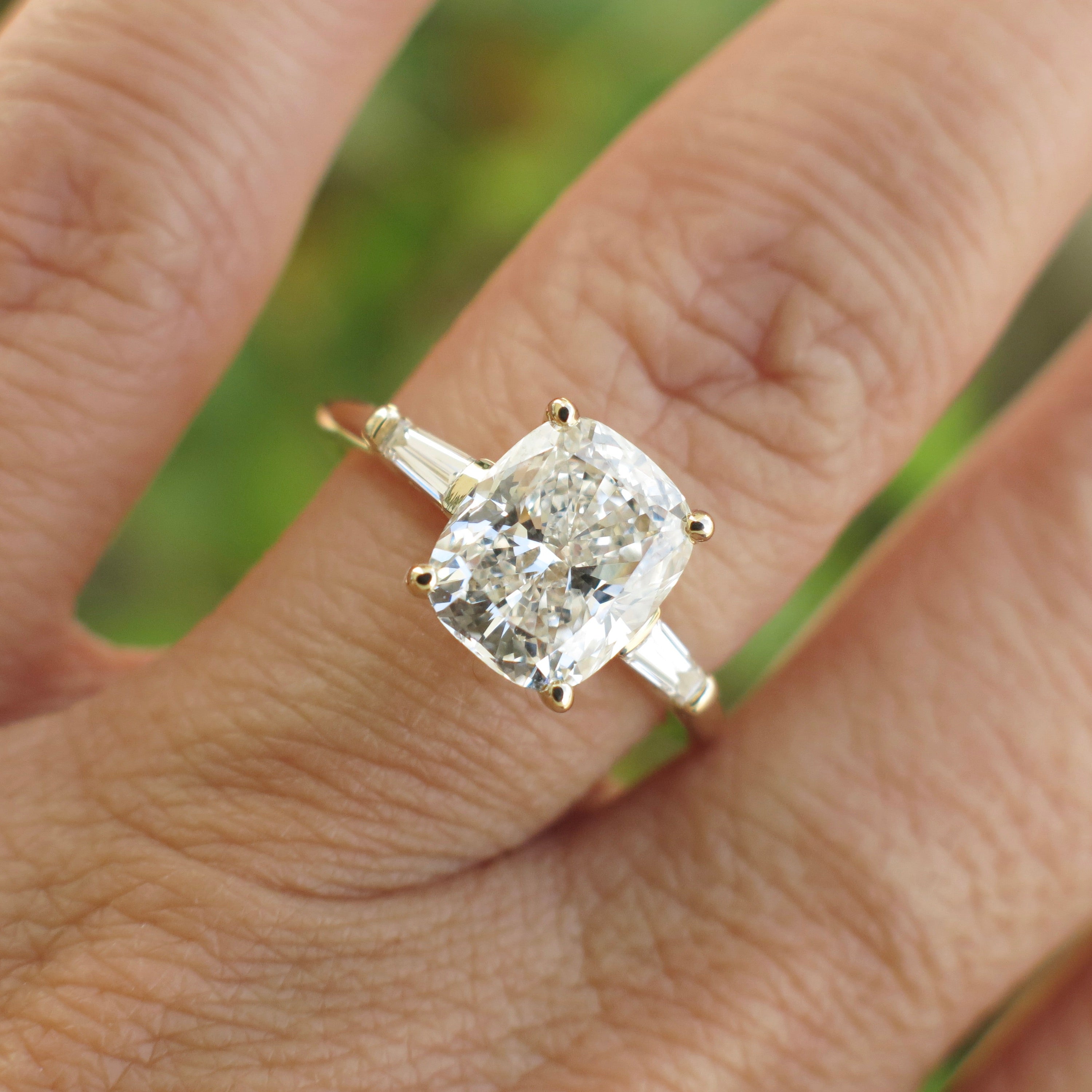 Custom 2.90 CTW Lab Grown Elongated Cushion Diamond Three Stone Engagement Ring in 14K Yellow Gold