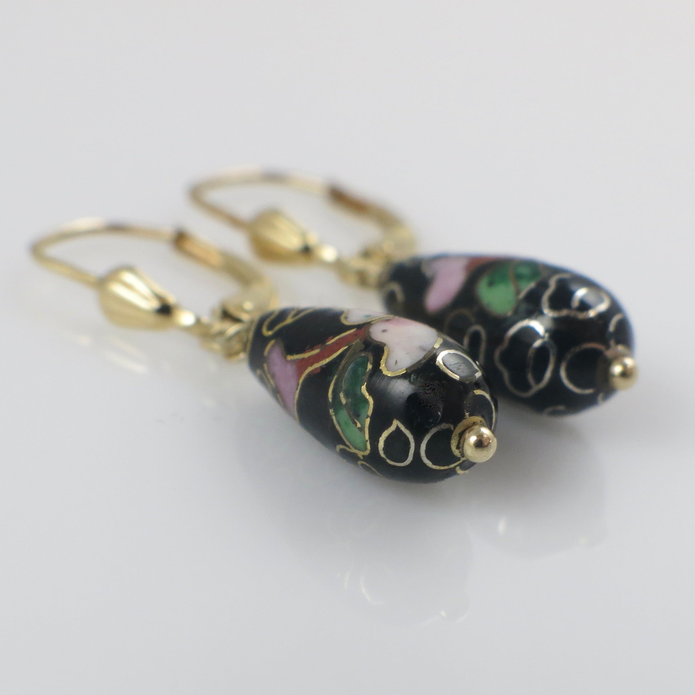 Vintage Cloisonné Enamel Drop Earrings in 14K Gold