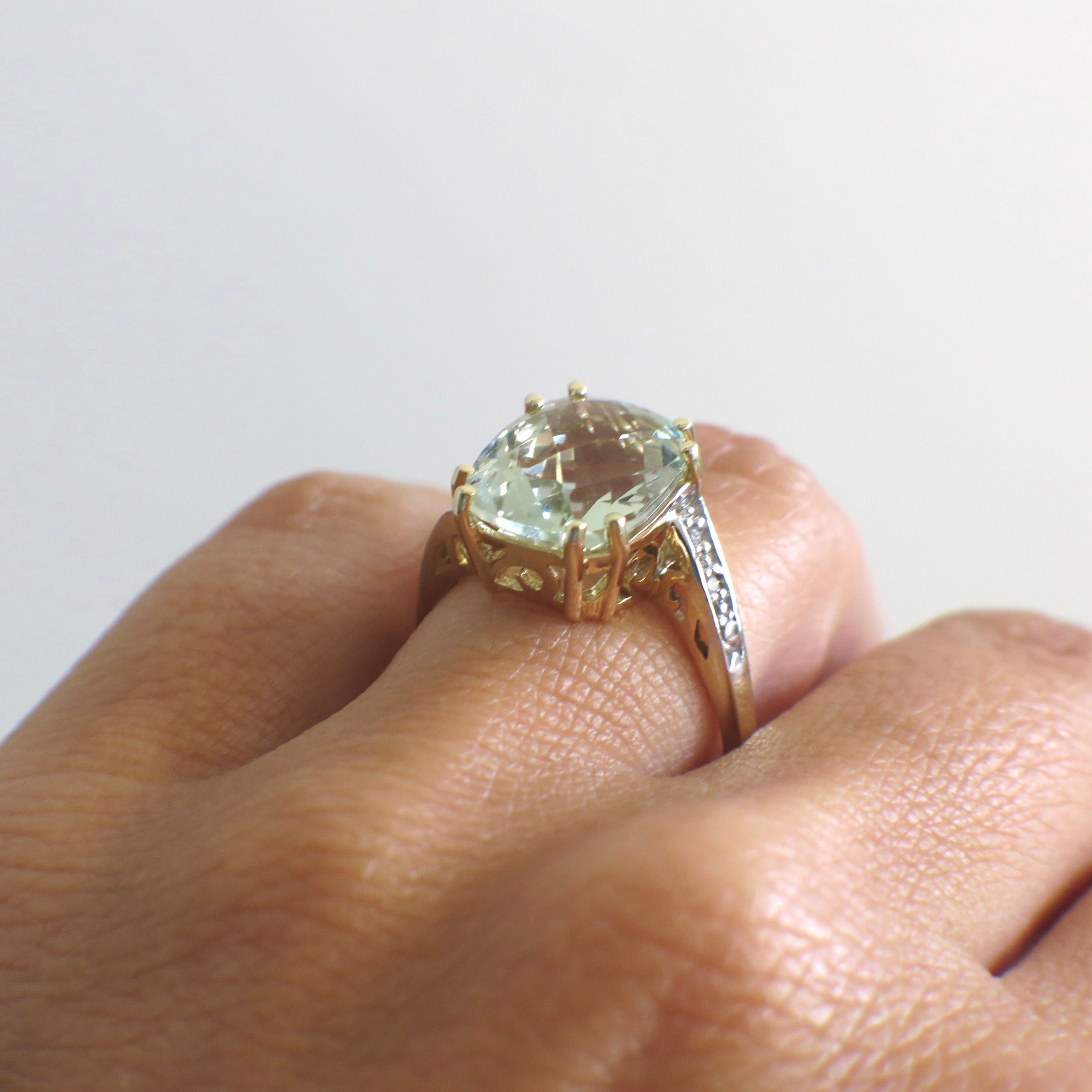 Vintage 14K Gold Prasiolite Quartz Ring with Diamond Accents