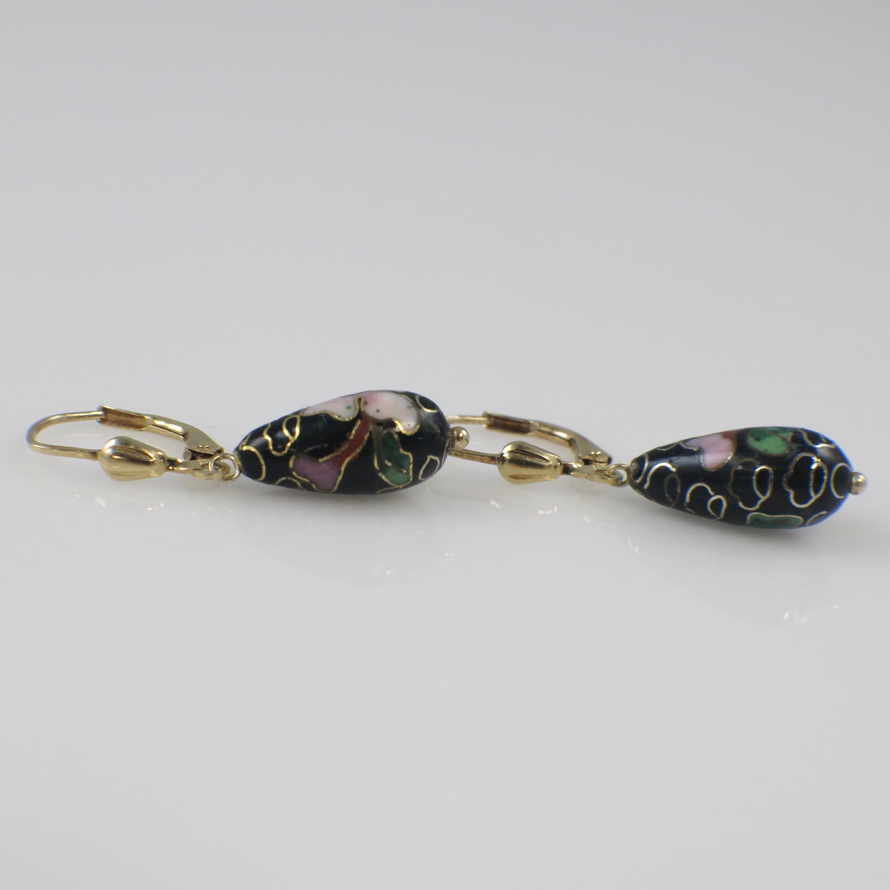 Vintage Cloisonné Enamel Drop Earrings in 14K Gold