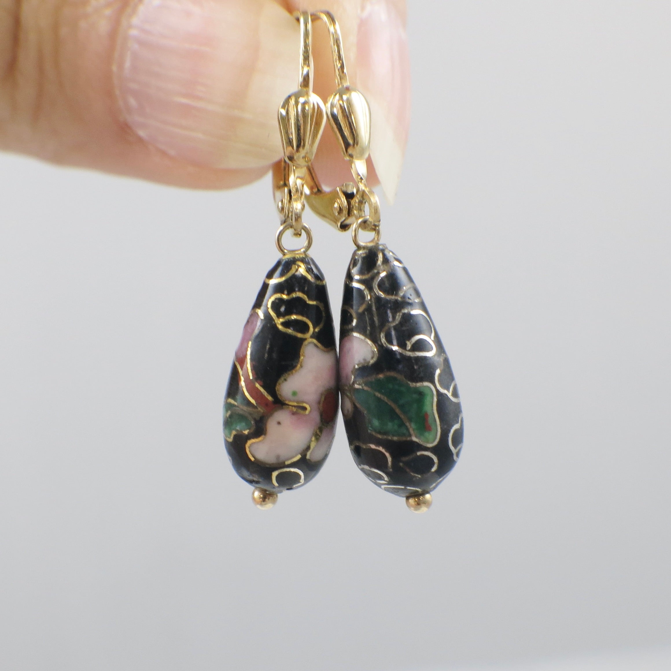 Vintage Cloisonné Enamel Drop Earrings in 14K Gold