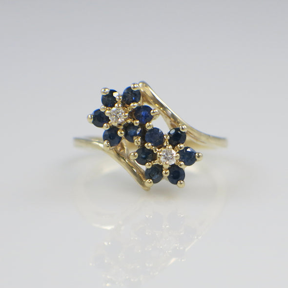 Vintage 14K Yellow Gold Sapphire and Diamond Cluster Ring – Retro 1970s Cocktail Jewelry