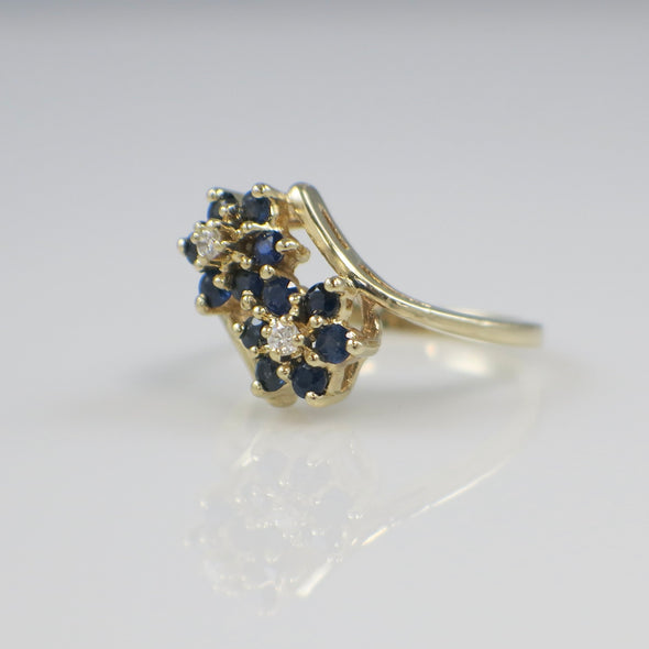 Vintage 14K Yellow Gold Sapphire and Diamond Cluster Ring – Retro 1970s Cocktail Jewelry