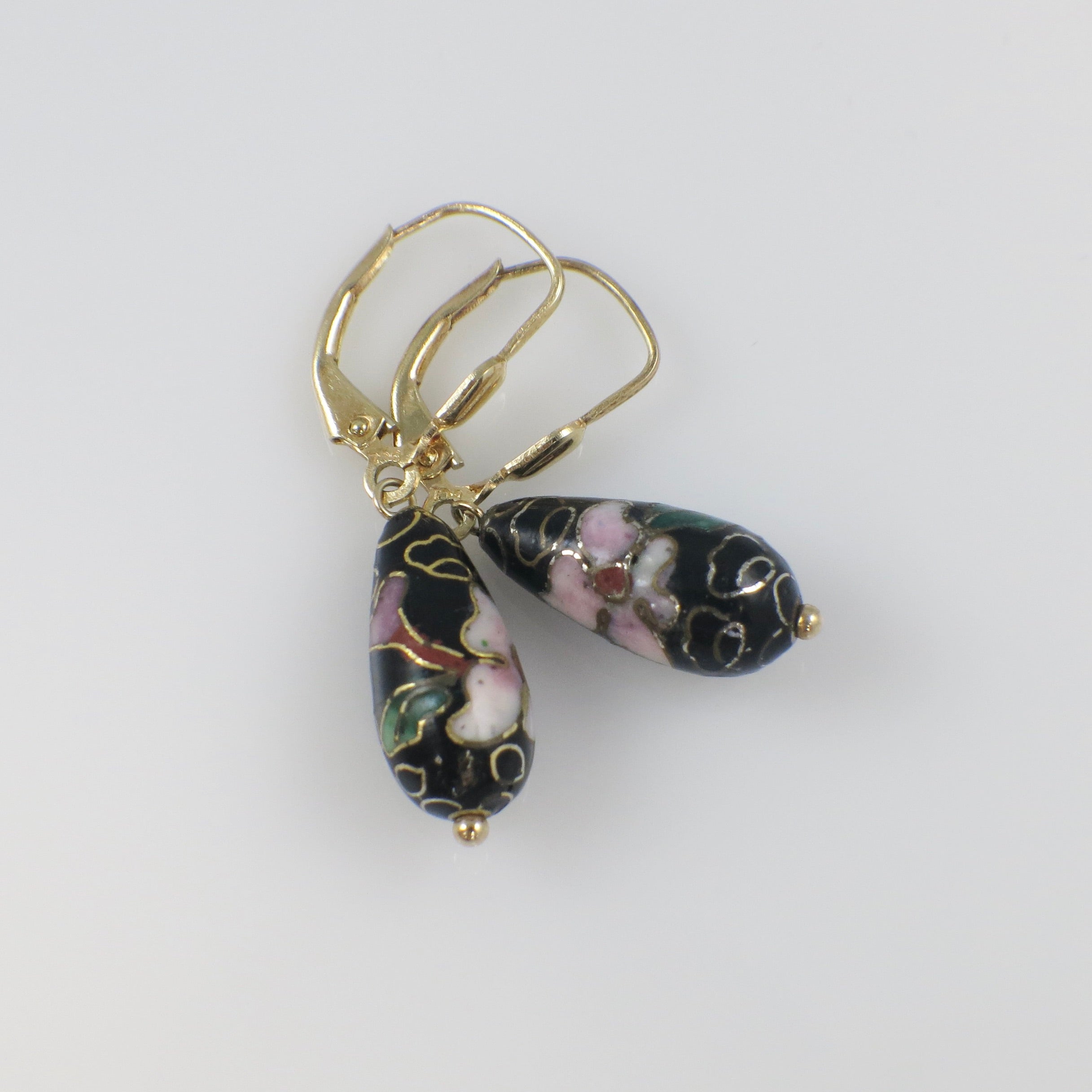 Vintage Cloisonné Enamel Drop Earrings in 14K Gold