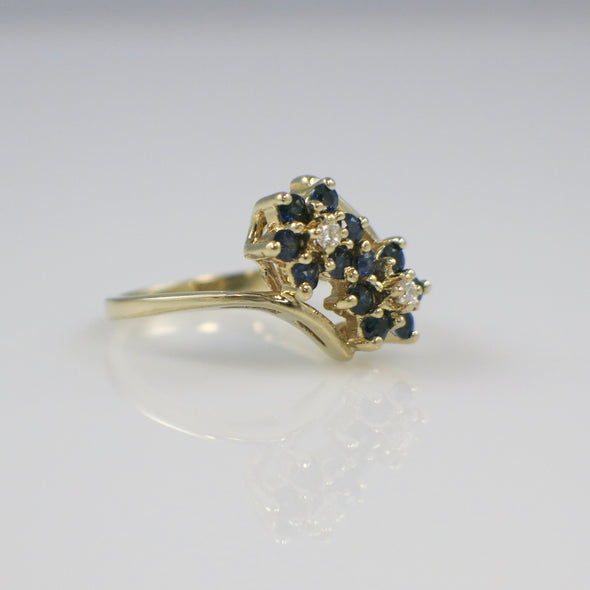 Vintage 14K Yellow Gold Sapphire and Diamond Cluster Ring – Retro 1970s Cocktail Jewelry
