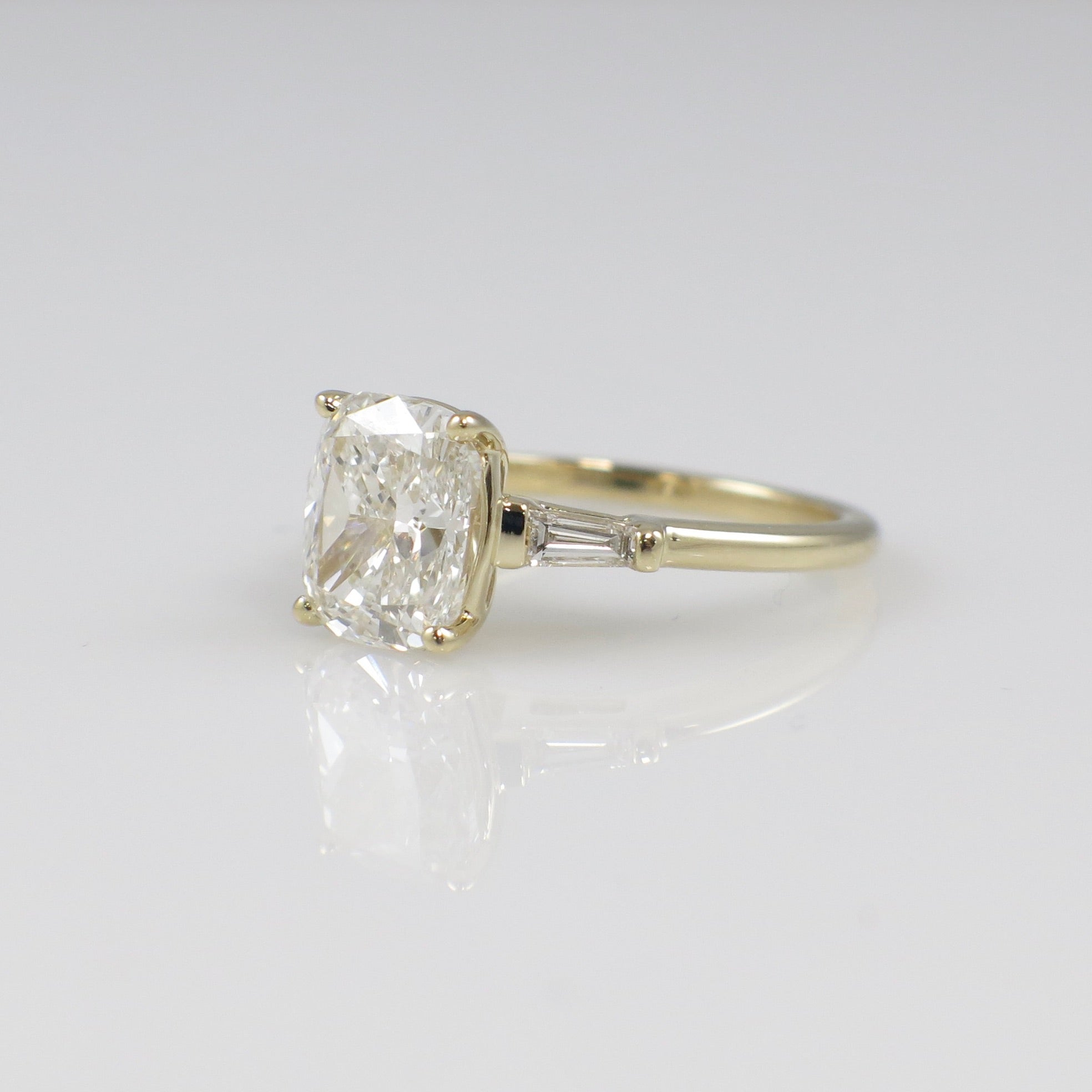 Custom 2.90 CTW Lab Grown Elongated Cushion Diamond Three Stone Engagement Ring in 14K Yellow Gold