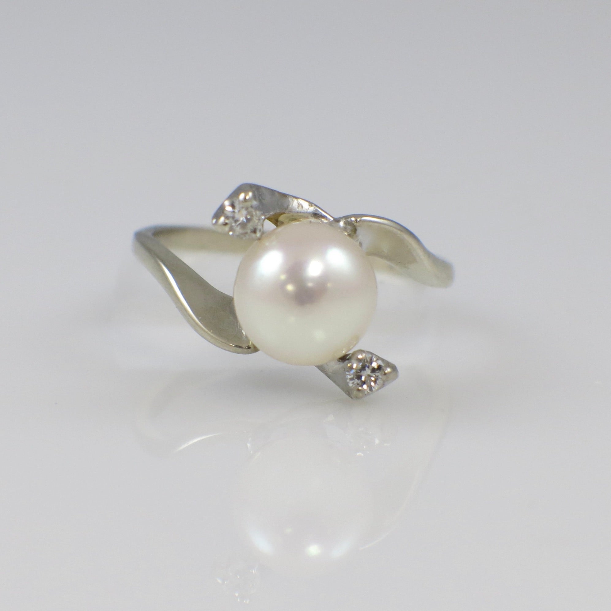 14K White Gold Pearl & Diamond Bypass Ring