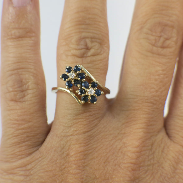 Vintage 14K Yellow Gold Sapphire and Diamond Cluster Ring – Retro 1970s Cocktail Jewelry