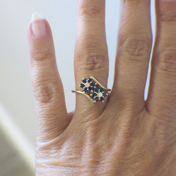 Vintage 14K Yellow Gold Sapphire and Diamond Cluster Ring – Retro 1970s Cocktail Jewelry