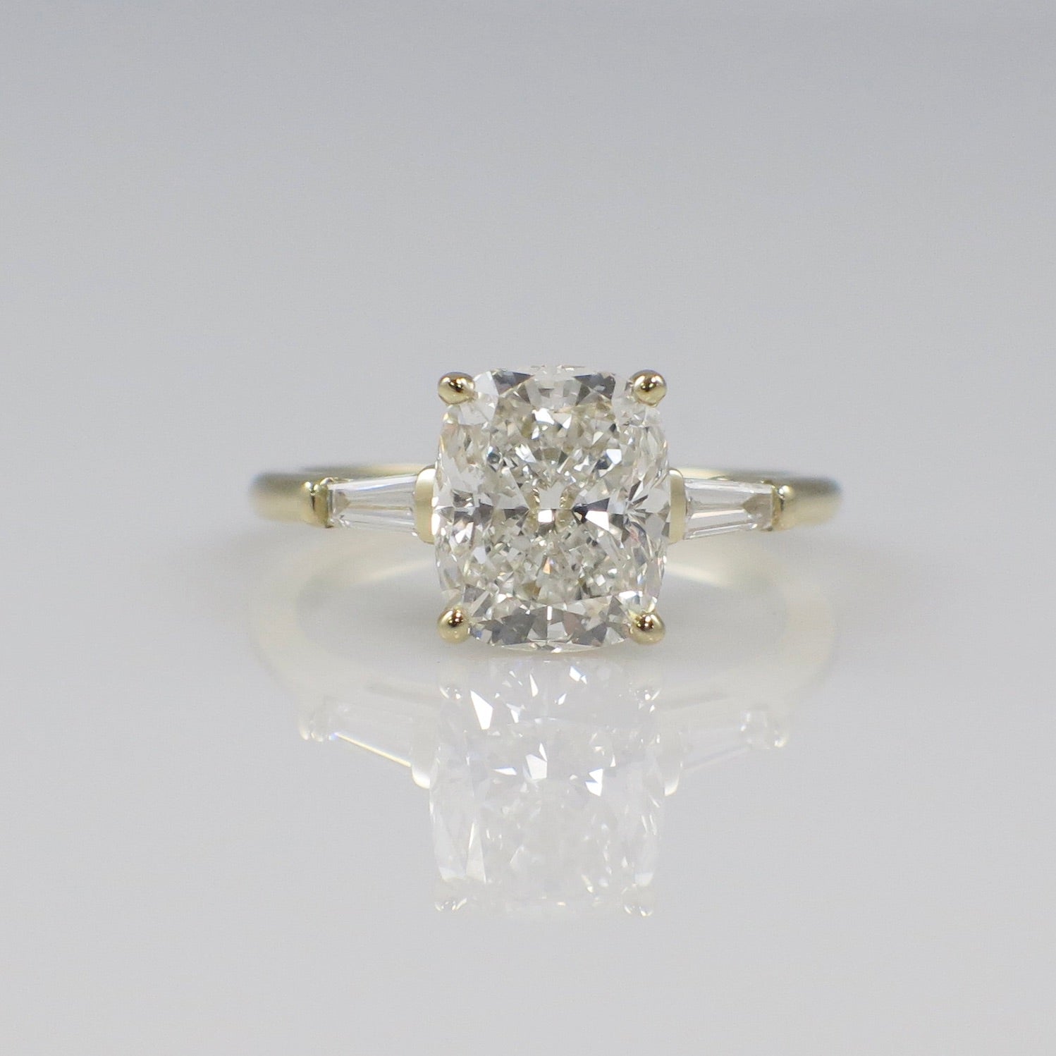 Custom 2.90 CTW Lab Grown Elongated Cushion Diamond Three Stone Engagement Ring in 14K Yellow Gold