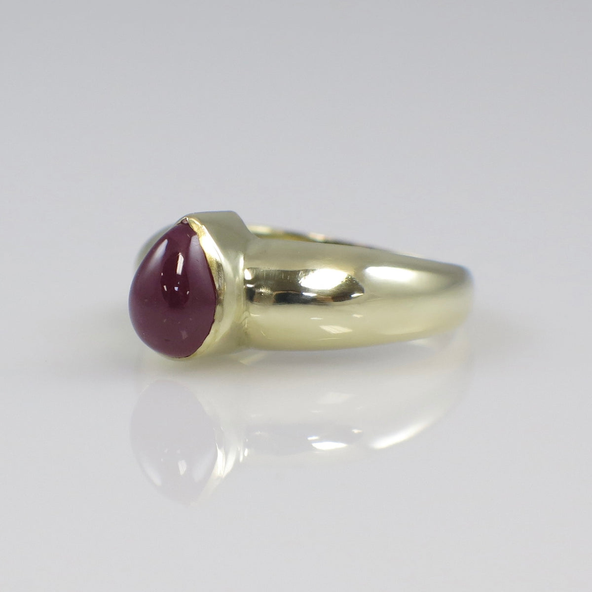 Vintage 14K yellow gold ring featuring a pear-shaped cabochon ruby bezel setting, crafted by Black Market LLC.