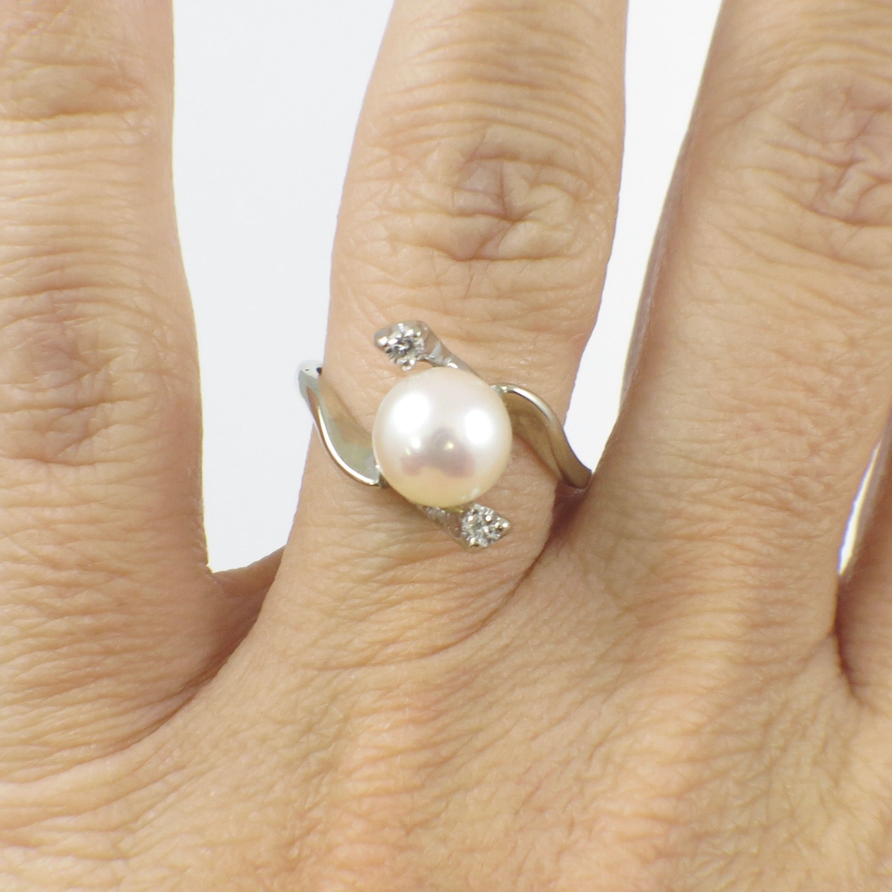 14K White Gold Pearl & Diamond Bypass Ring