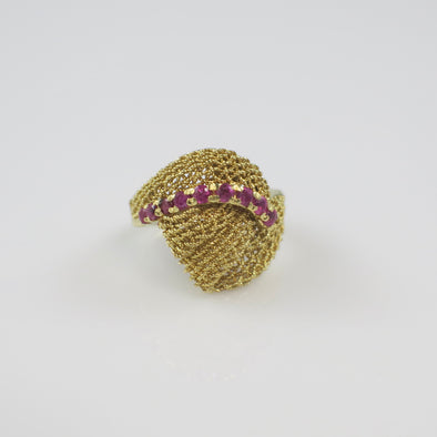 14K Yellow Gold Pink Sapphire Mesh Dome Ring – Vintage Textured Statement Ring Size 4.75