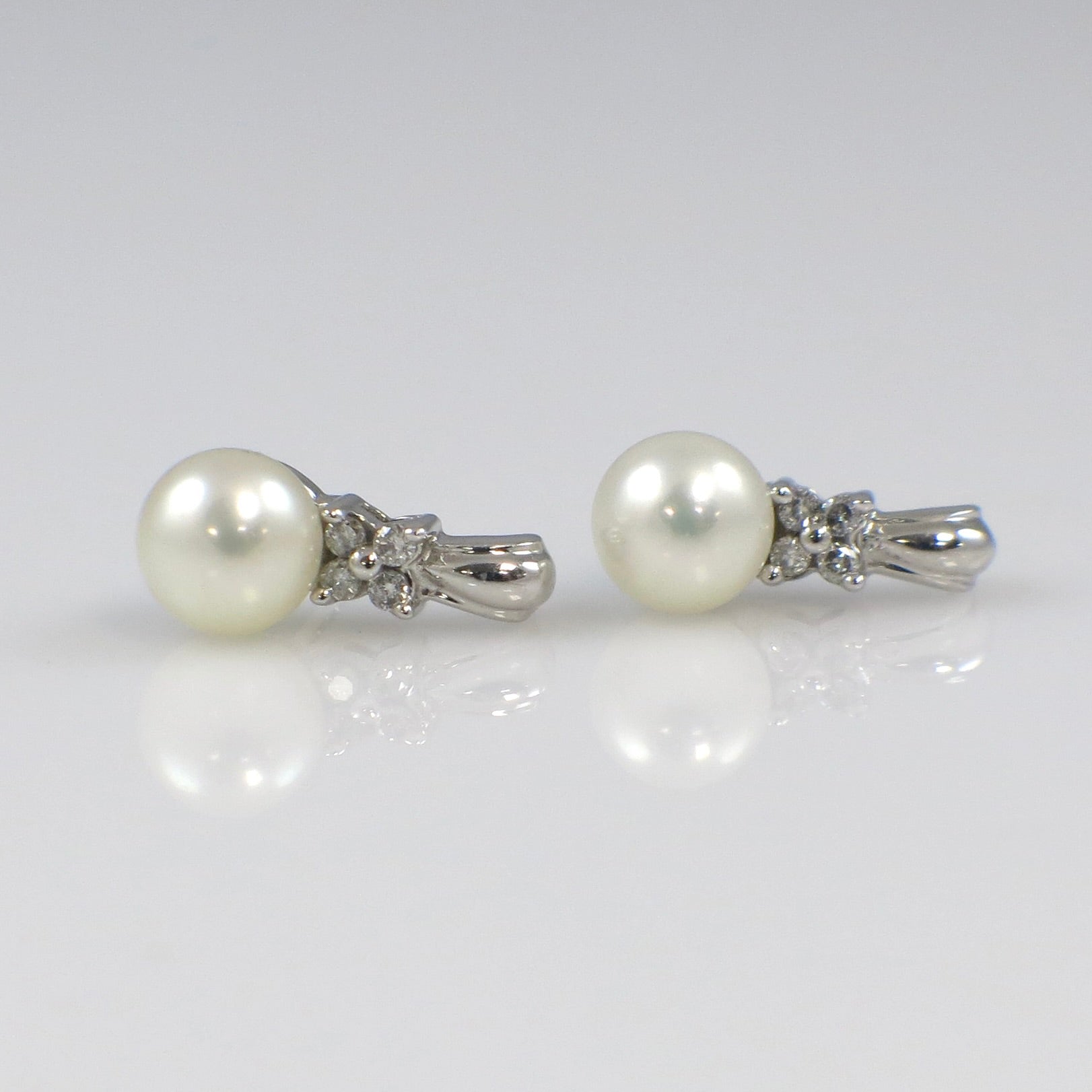 10K White Gold Pearl and Diamond Earrings | Floral Studs with 6mm Pearls