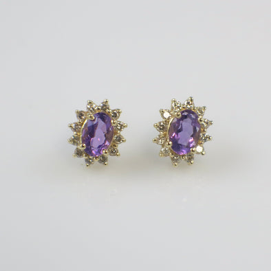 14K Yellow Gold Amethyst and Diamond Halo Earrings – 6x4MM Ovals