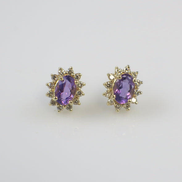 14K Yellow Gold Amethyst and Diamond Halo Earrings – 6x4MM Ovals