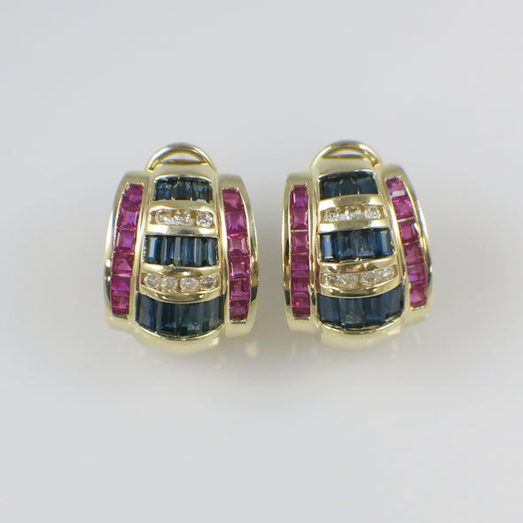 Vintage 1980s Sapphire and Diamond Earrings in 14K Yellow Gold – Blue and Pink Sapphire Barrel Design