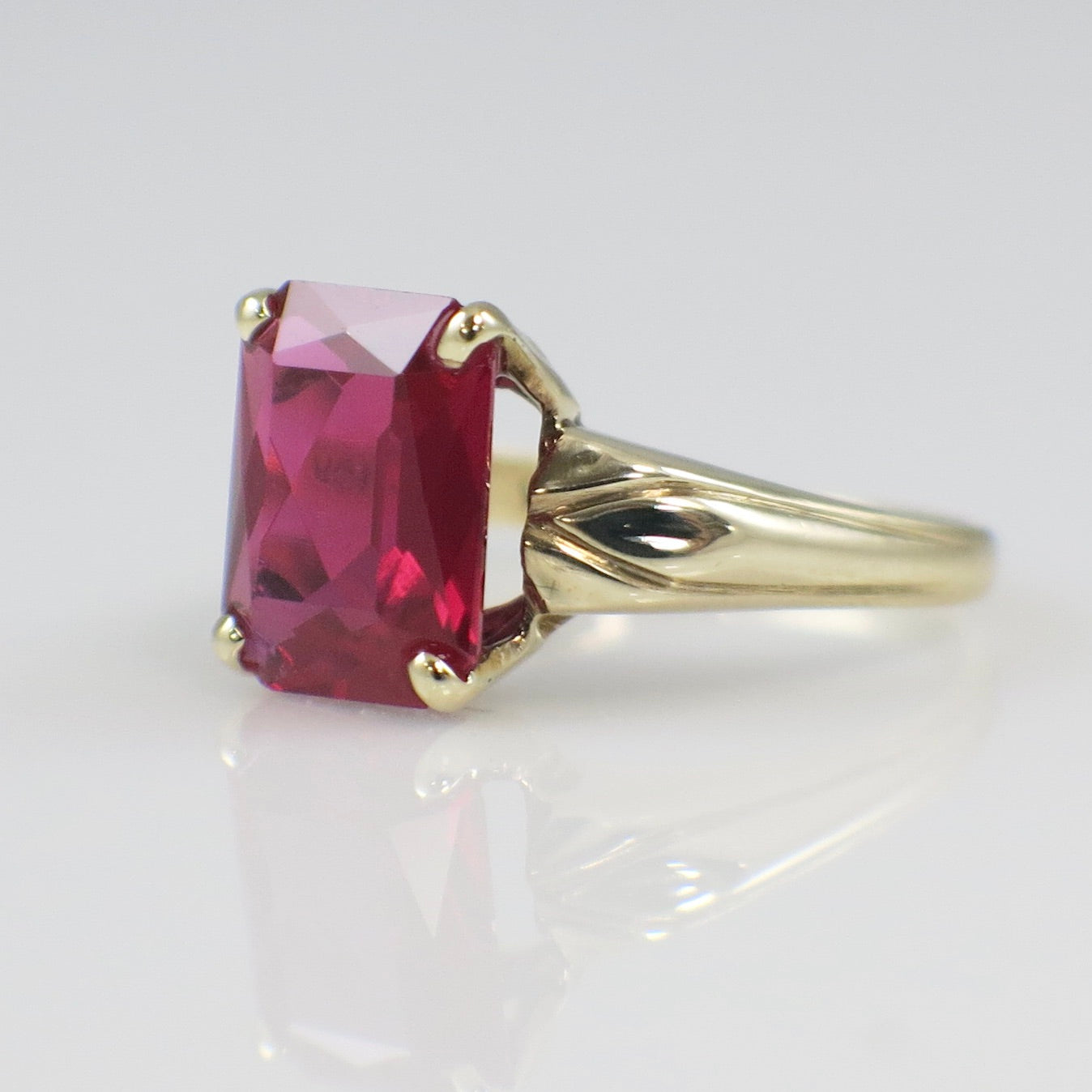 10K Yellow Gold Emerald Cut Synthetic Ruby Statement Ring – Size 5.25