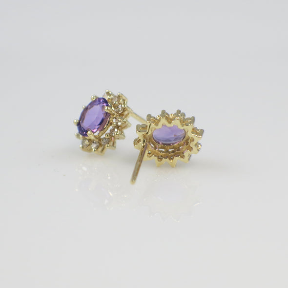14K Yellow Gold Amethyst and Diamond Halo Earrings – 6x4MM Ovals
