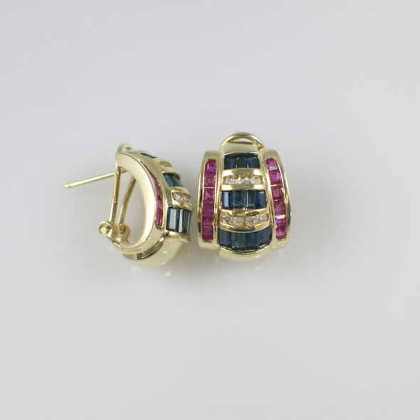 Vintage 1980s Sapphire and Diamond Earrings in 14K Yellow Gold – Blue and Pink Sapphire Barrel Design