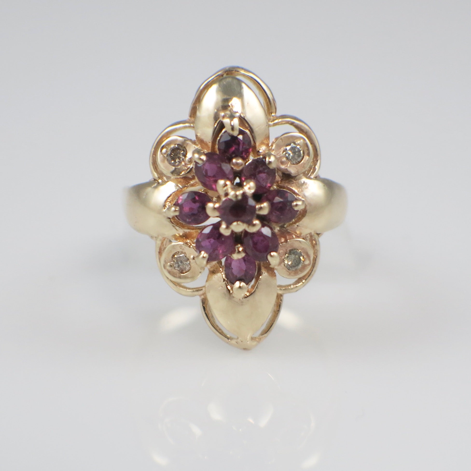 18K Rose Gold Ruby and Diamond Floral Cluster Ring – Vintage Natural Ruby Flower Design – Size 6 - Black Market LLC