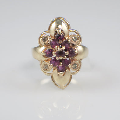 18K Rose Gold Ruby and Diamond Floral Cluster Ring – Vintage Natural Ruby Flower Design – Size 6