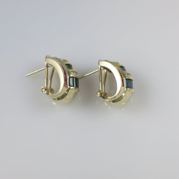 Vintage 1980s Sapphire and Diamond Earrings in 14K Yellow Gold – Blue and Pink Sapphire Barrel Design