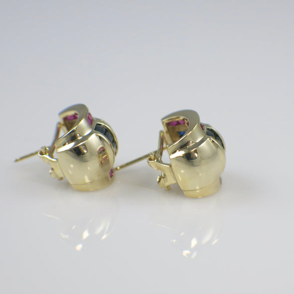 Vintage 1980s Sapphire and Diamond Earrings in 14K Yellow Gold – Blue and Pink Sapphire Barrel Design