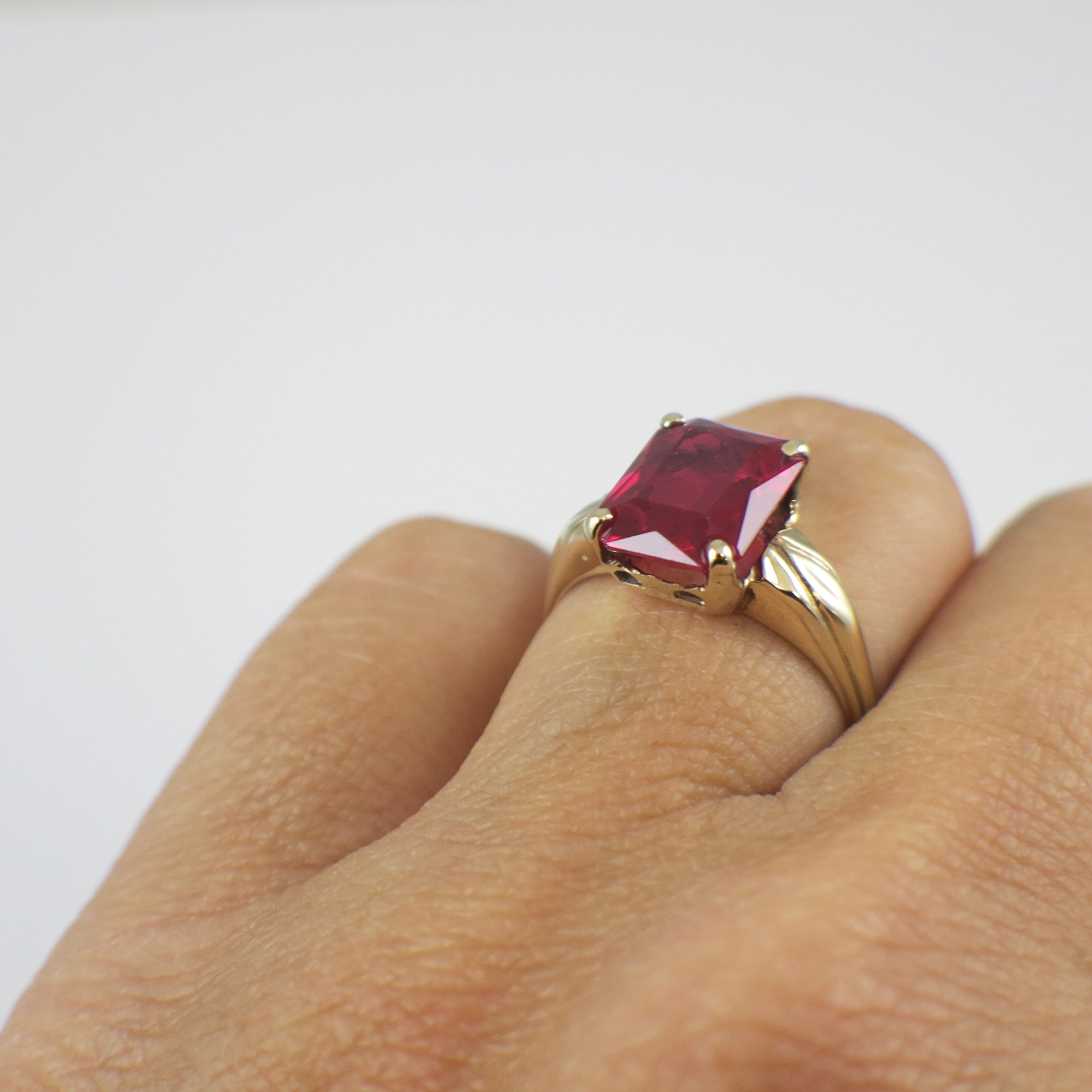 10K Yellow Gold Emerald Cut Synthetic Ruby Statement Ring – Size 5.25