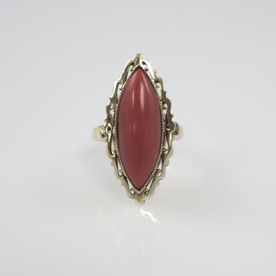 14K Yellow Gold Red Jasper Chalcedony Cabochon Ring – Vintage Cocktail Statement Ring Size 6.5