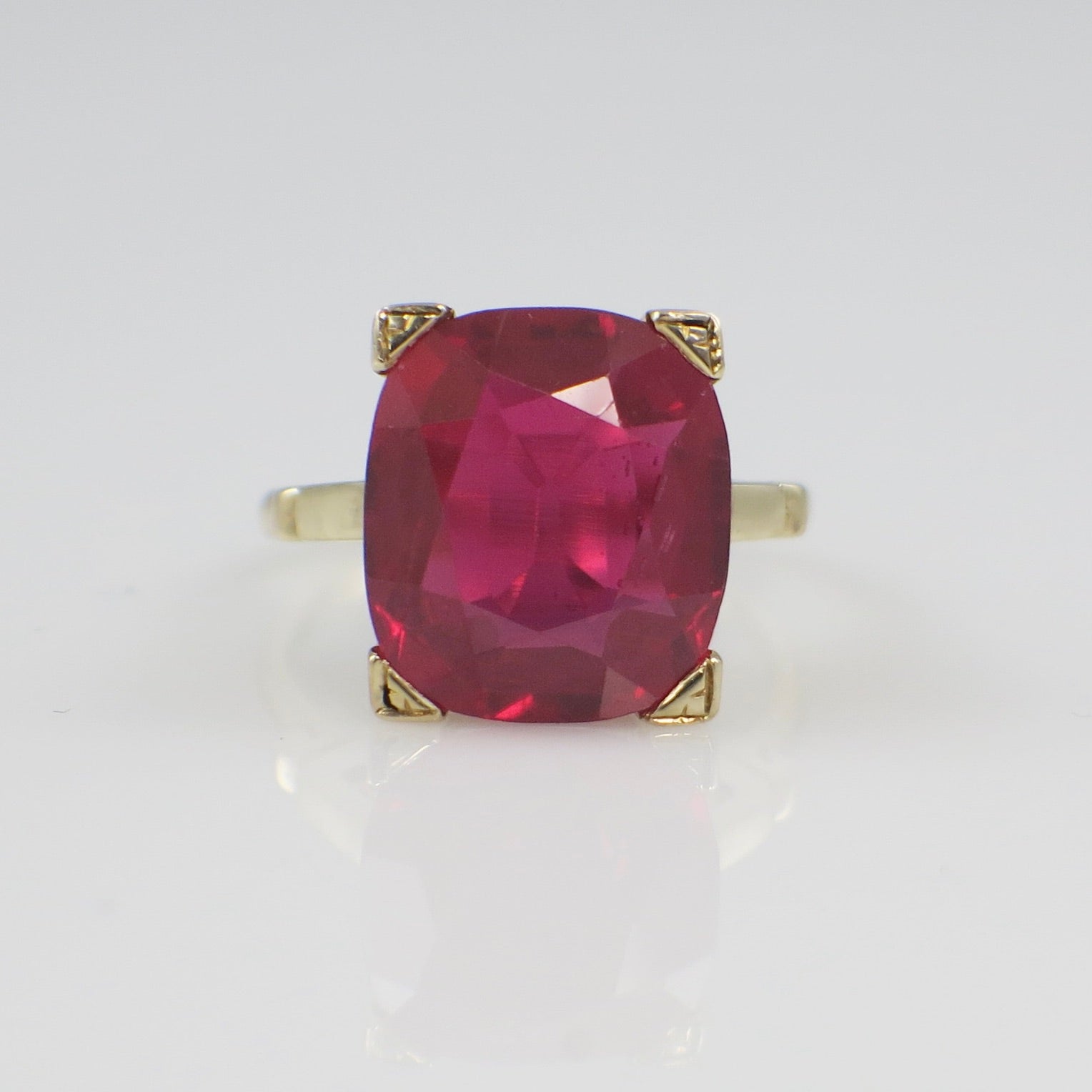 14K Yellow Gold Cushion Synthetic Ruby Prong Set Ring – Bold Statement Jewelry
