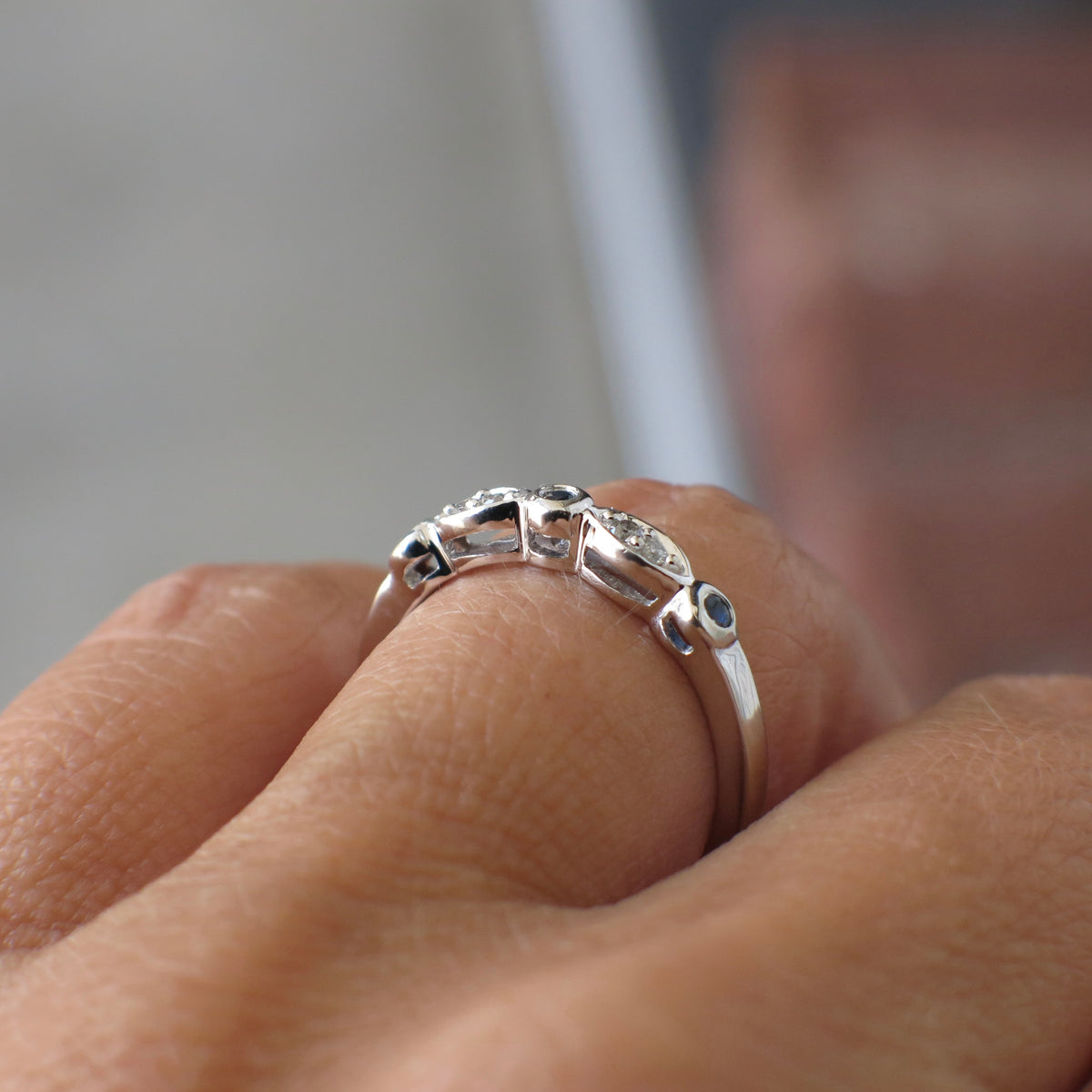 Vintage 10K white gold diamond and sapphire band ring, bezel set, stackable design, size 6.75, by Black Market LLC