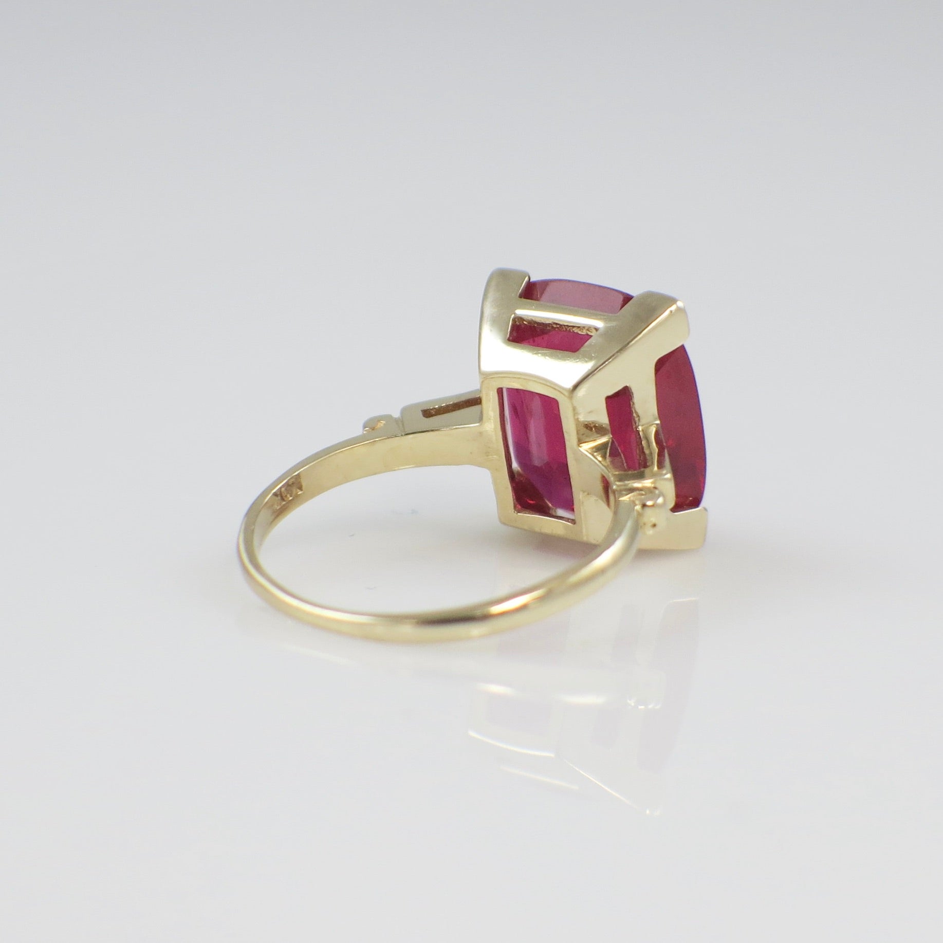 14K Yellow Gold Cushion Synthetic Ruby Prong Set Ring – Bold Statement Jewelry