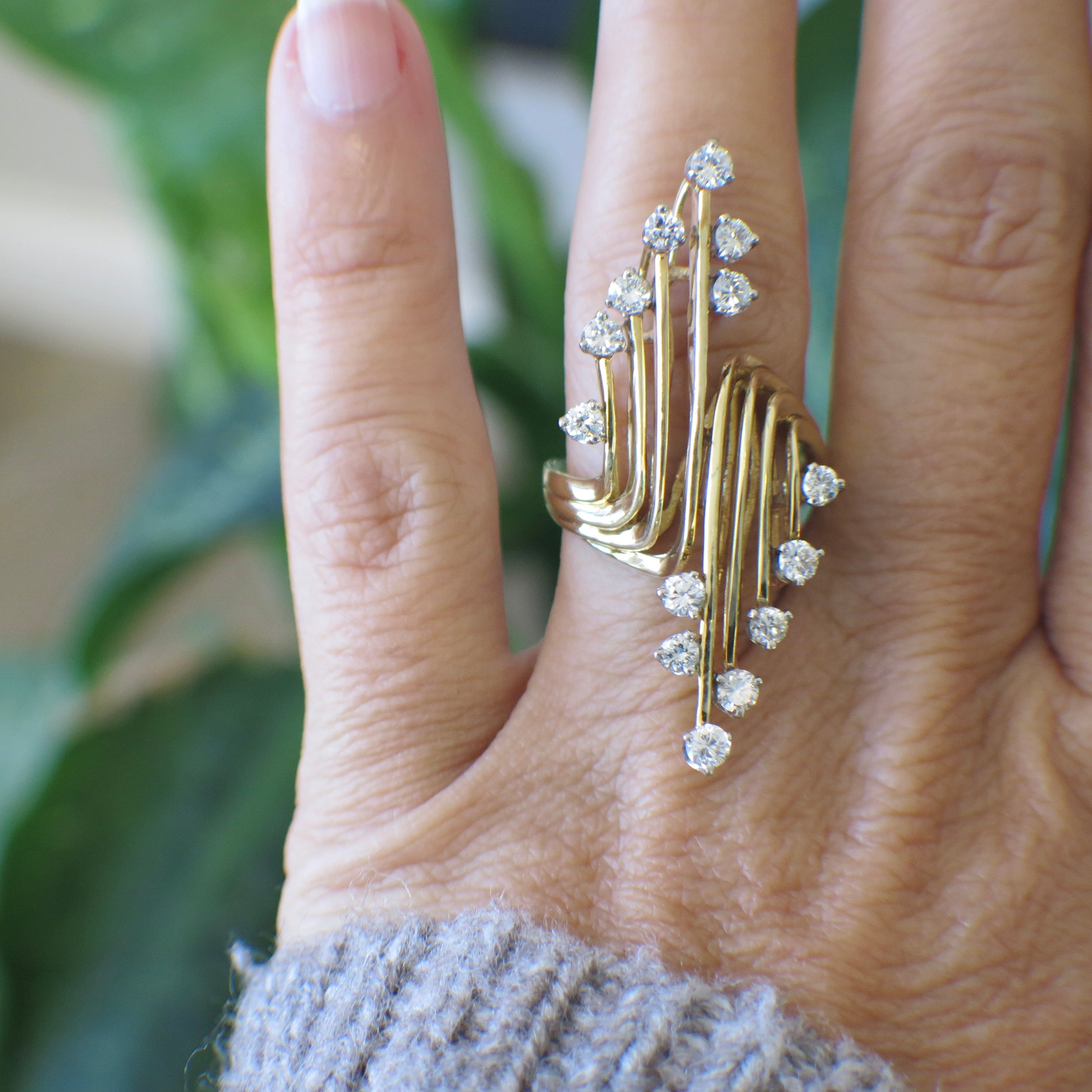 18K Yellow Gold Diamond Fan Ring – Custom Vintage Statement Ring – 1.12 CTW Diamonds – Size 6.5 - Black Market LLC