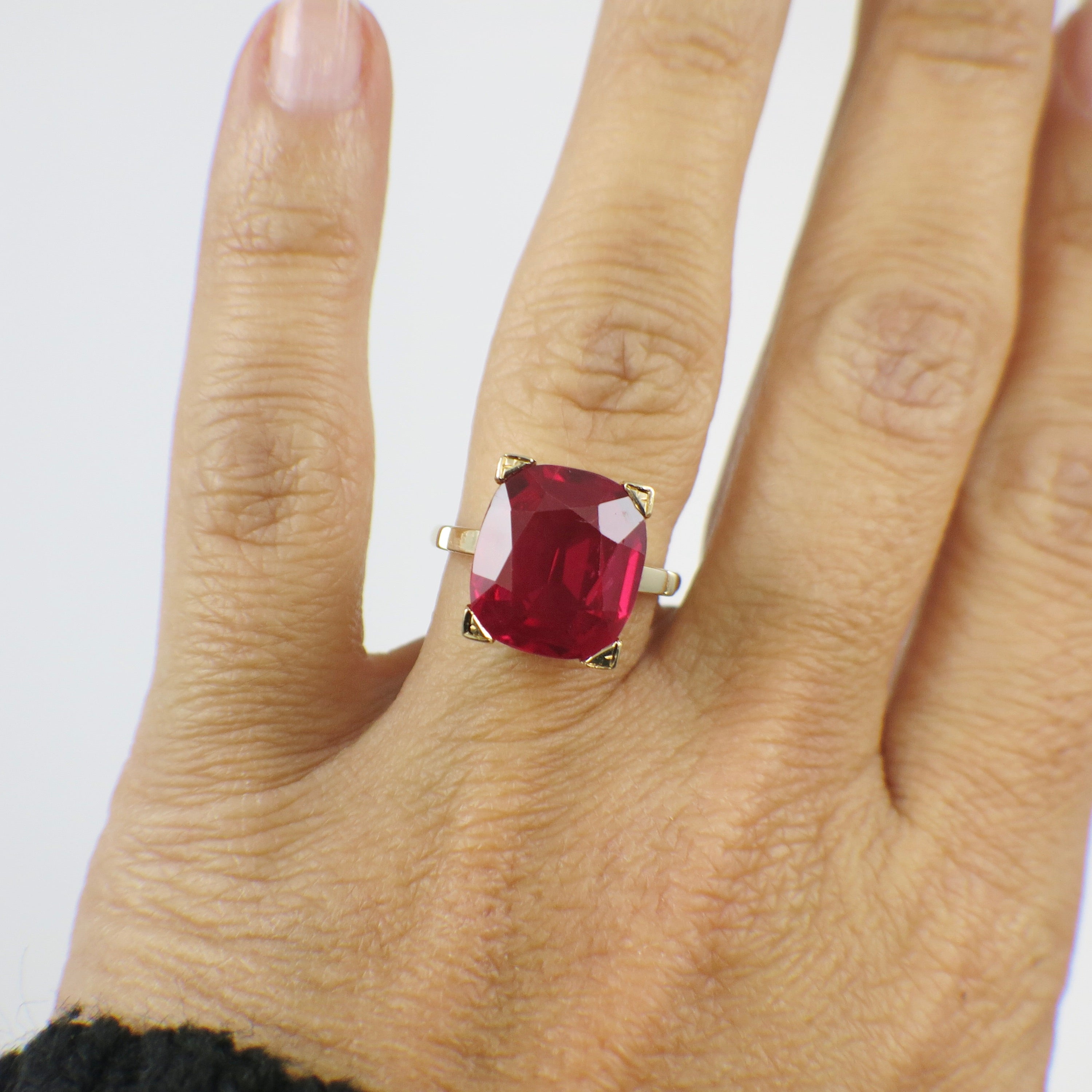 14K Yellow Gold Cushion Synthetic Ruby Prong Set Ring – Bold Statement Jewelry