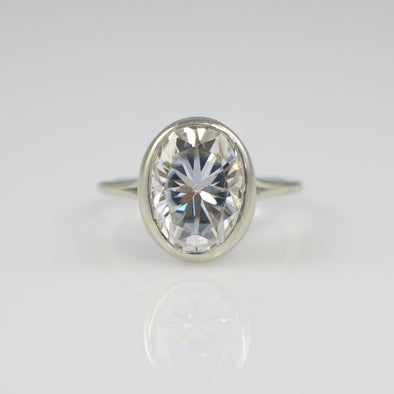 14K White Gold Oval Moissanite Solitaire Ring – 11x9 Bezel Set – Size 5.75