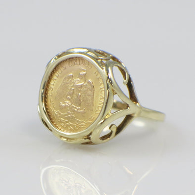 14K Yellow Gold 1945 Dos Pesos Coin Ring – Size 3, Bezel Set