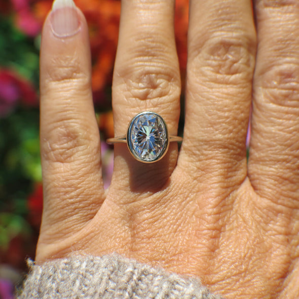 14K White Gold Oval Moissanite Solitaire Ring – 11x9 Bezel Set – Size 5.75