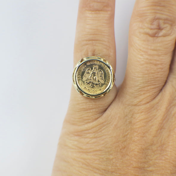 14K Yellow Gold 1945 Dos Pesos Coin Ring – Size 3, Bezel Set