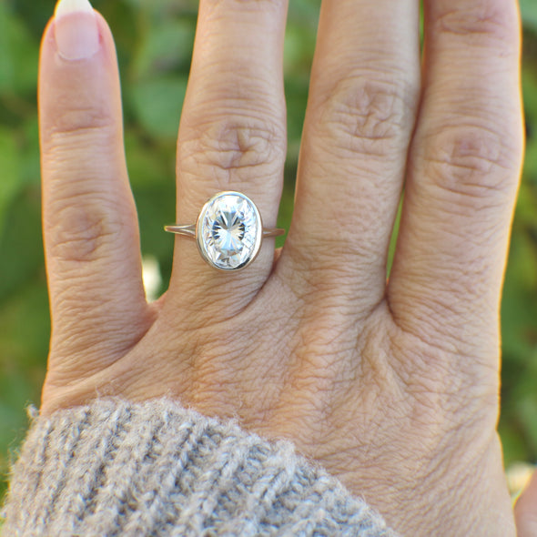 14K White Gold Oval Moissanite Solitaire Ring – 11x9 Bezel Set – Size 5.75