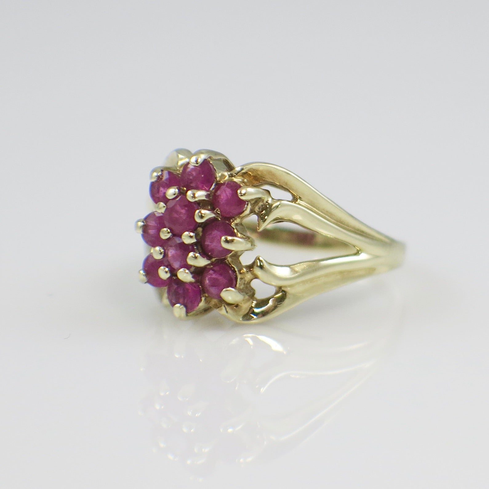 10K Yellow Gold Natural Ruby Cluster Ring – Floral Statement Jewelry