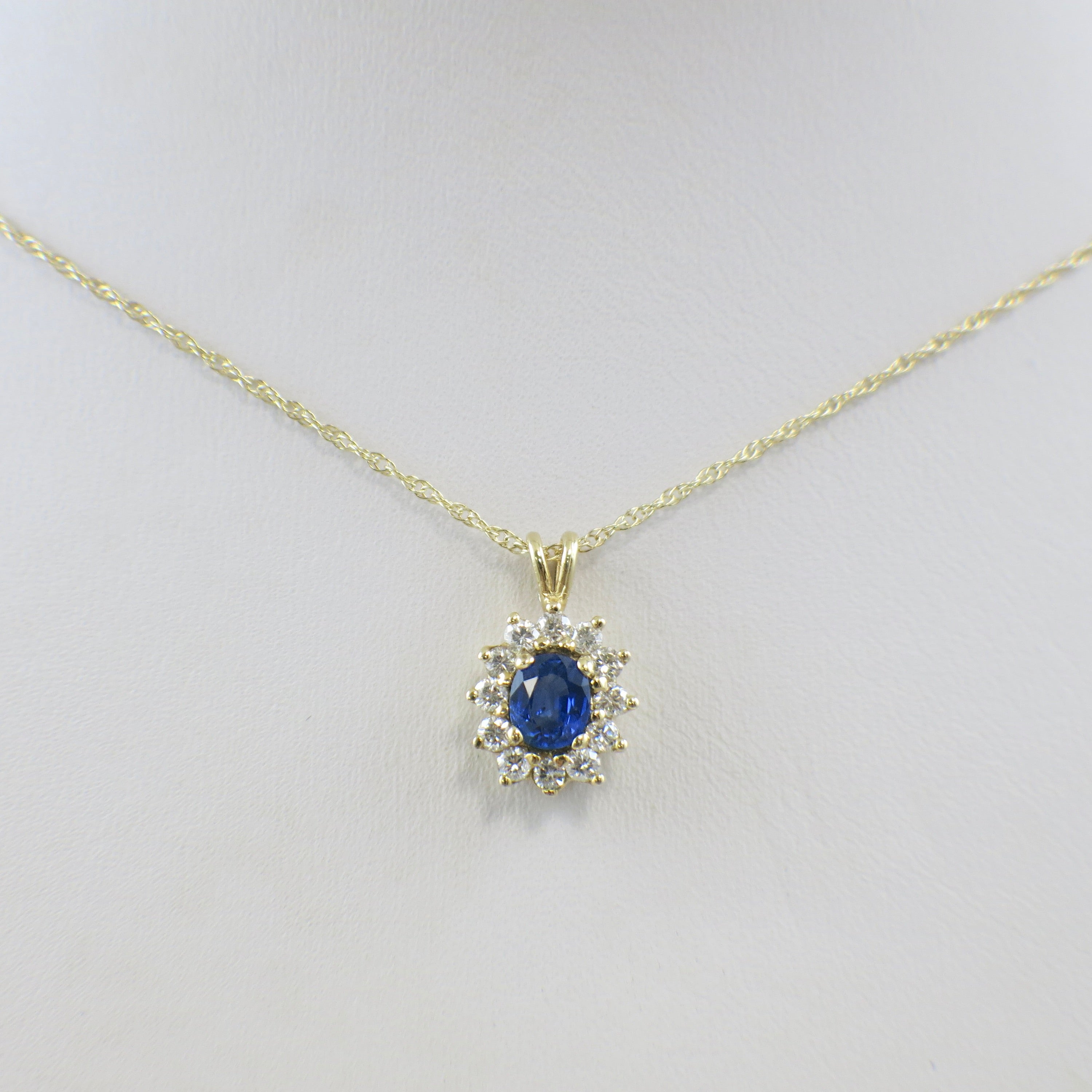 14K Yellow Gold Oval Sapphire & Diamond Halo Necklace – 20 Inch, Blue Gemstone Pendant